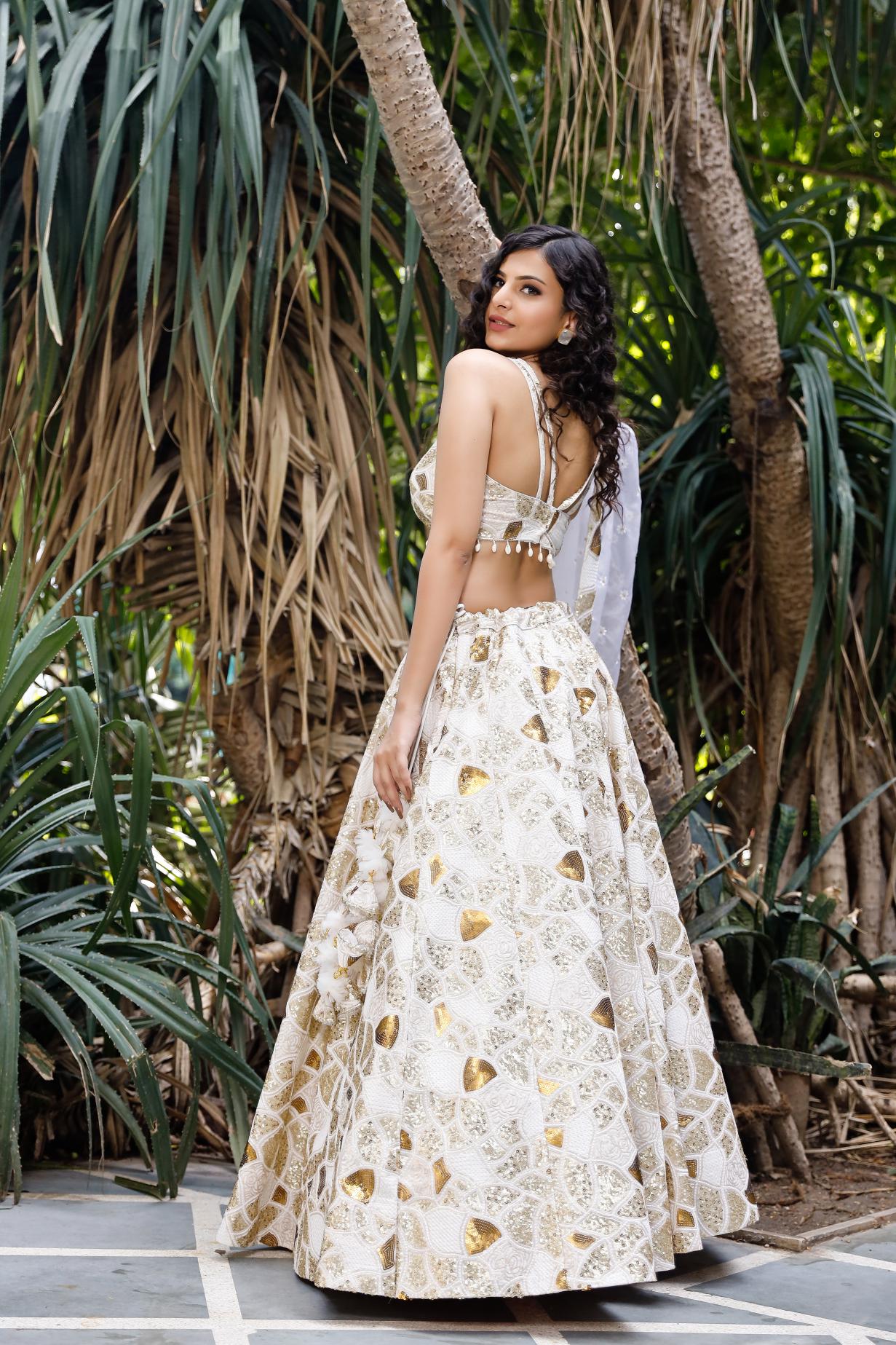 White Multi Sequence Embellished Lehenga Set