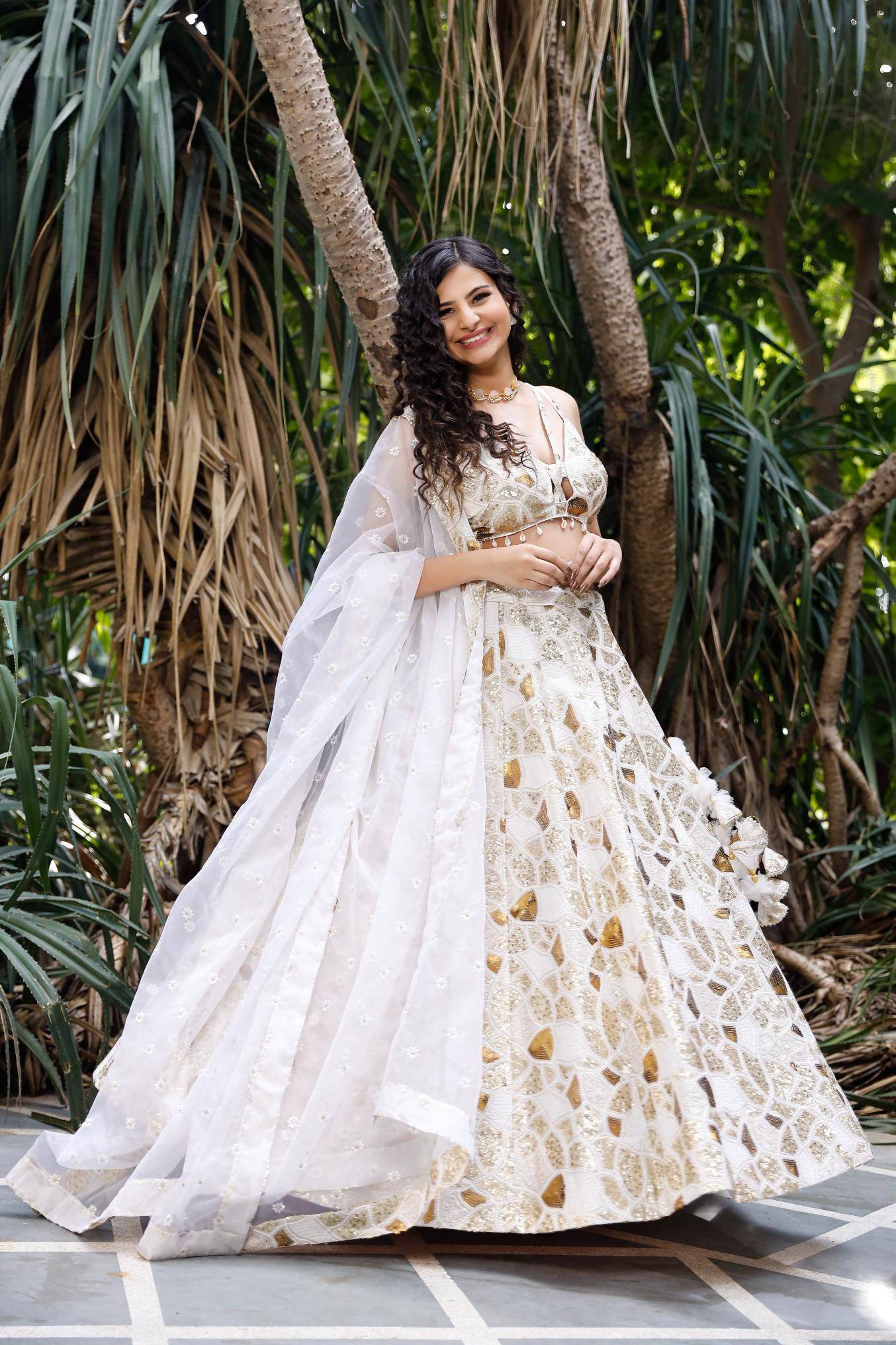 White Multi Sequence Embellished Lehenga Set