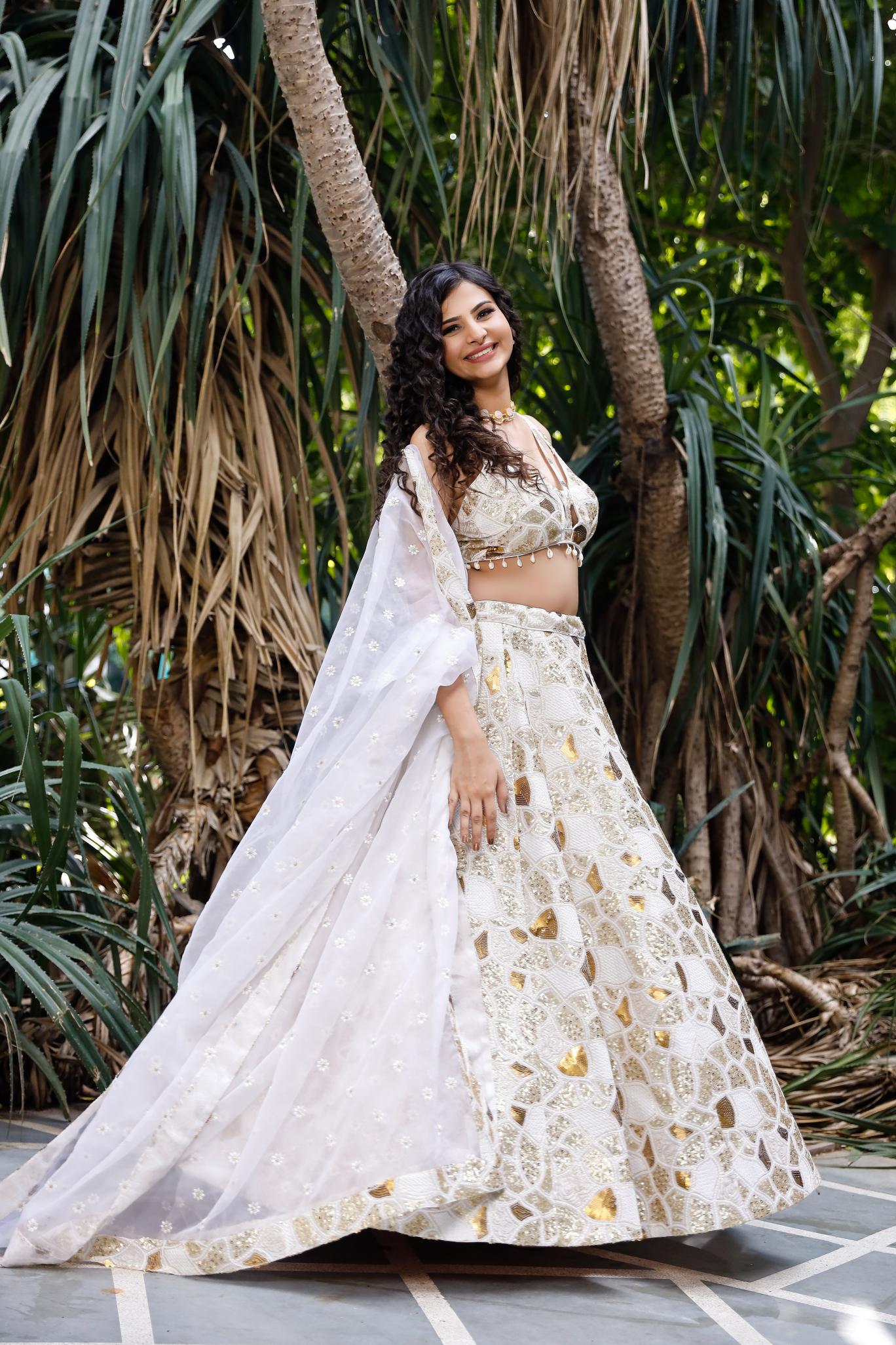 White Multi Sequence Embellished Lehenga Set