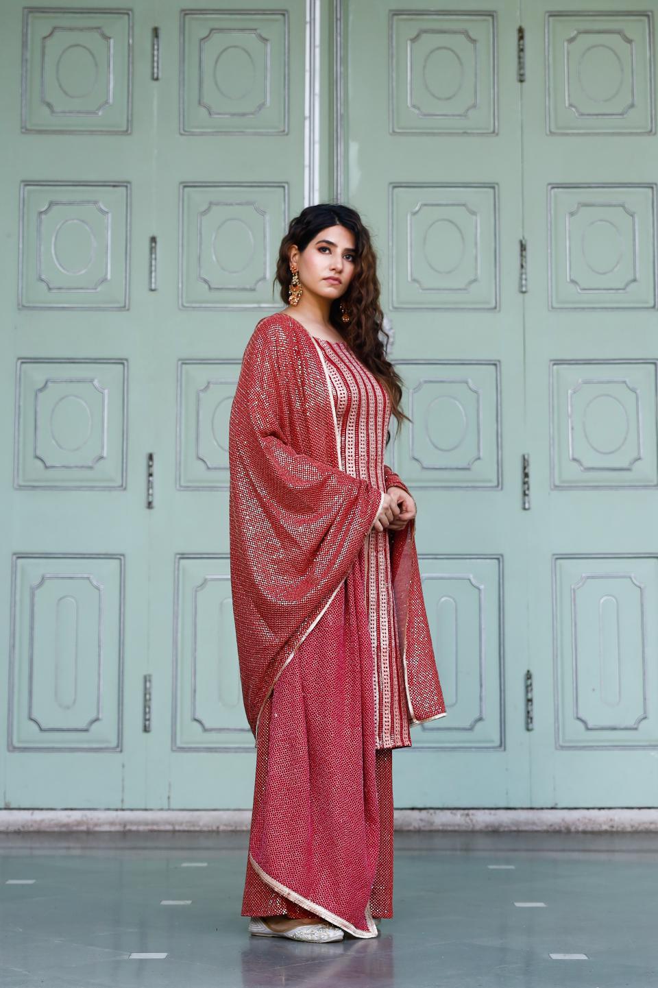 Red Georgette Zari Suit Set