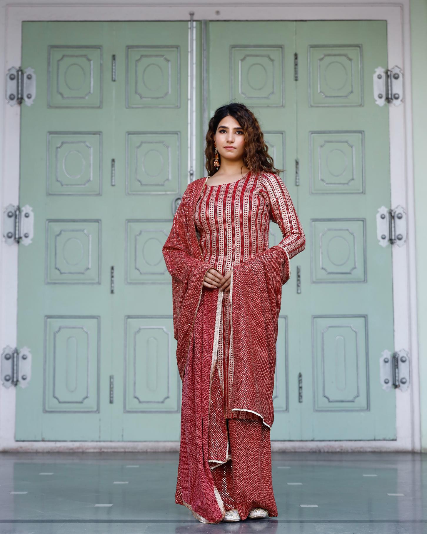 Red Georgette Zari Suit Set