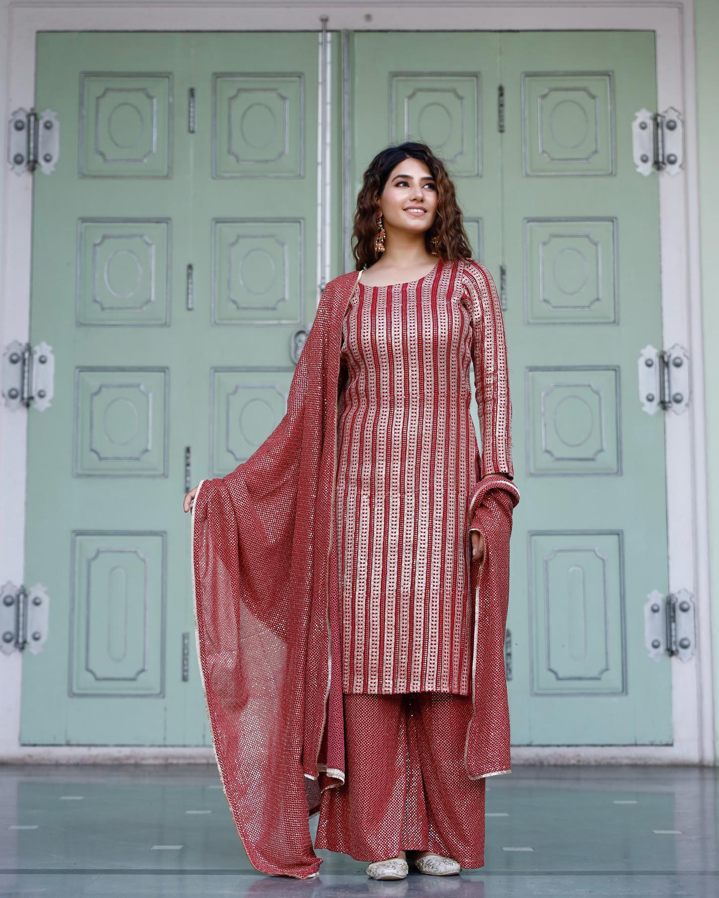 Red Georgette Zari Suit Set