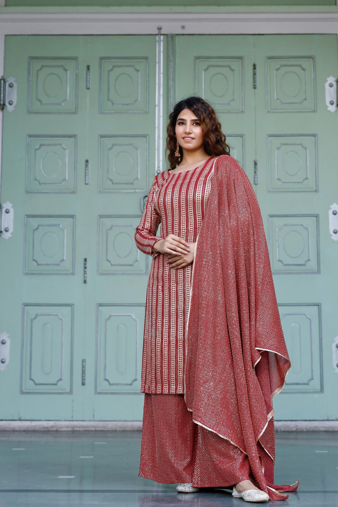 Red Georgette Zari Suit Set