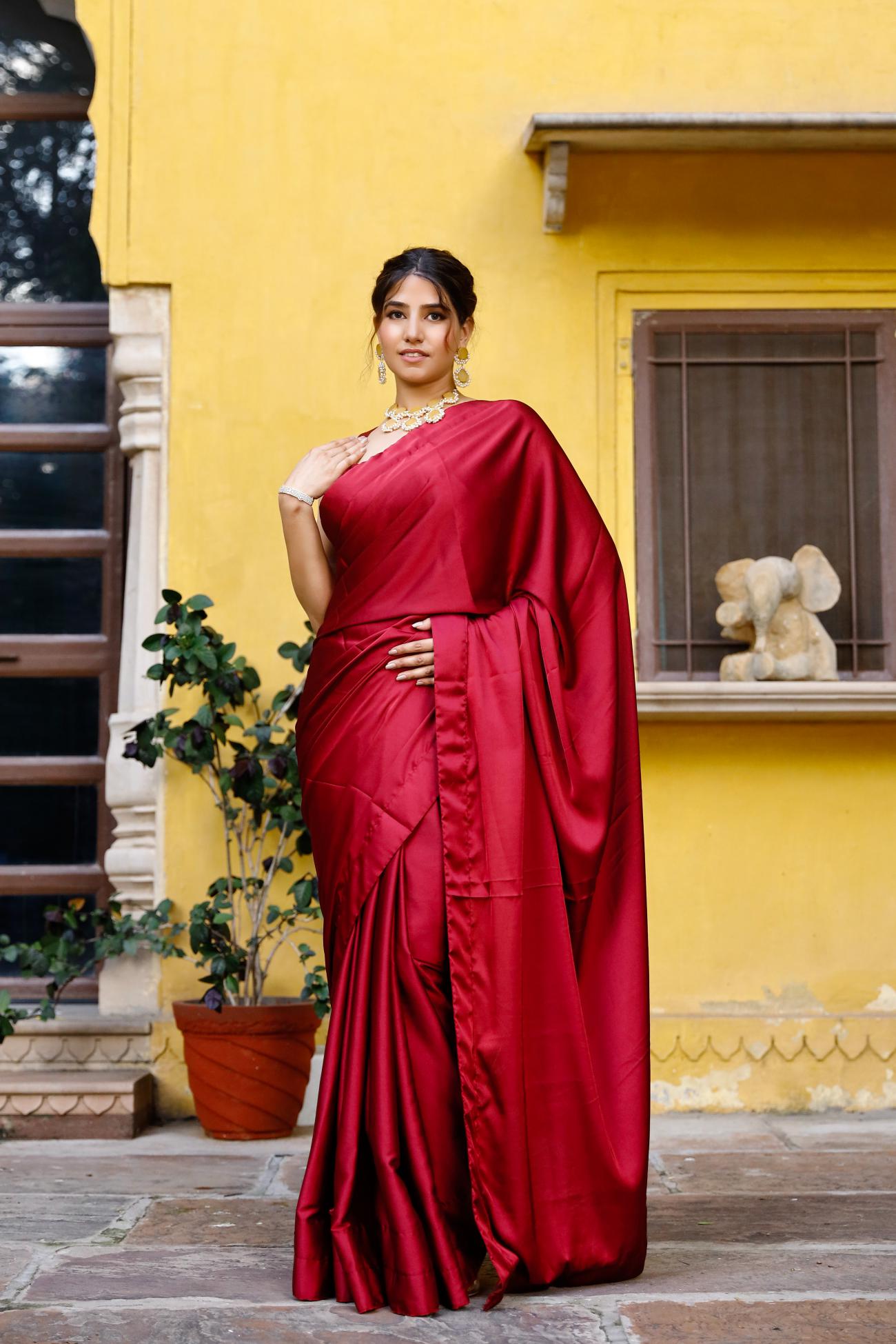 Dreamy Maroon Satin Silk Saree