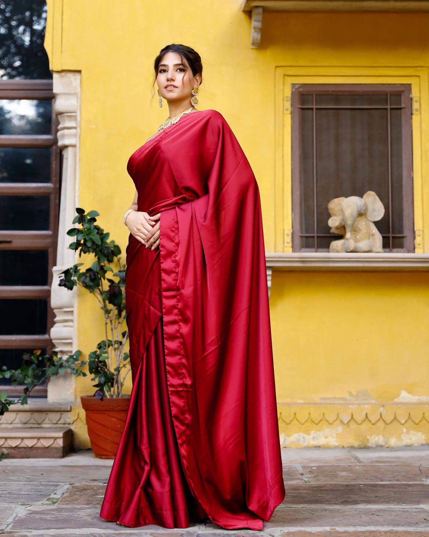 Dreamy Maroon Satin Silk Saree
