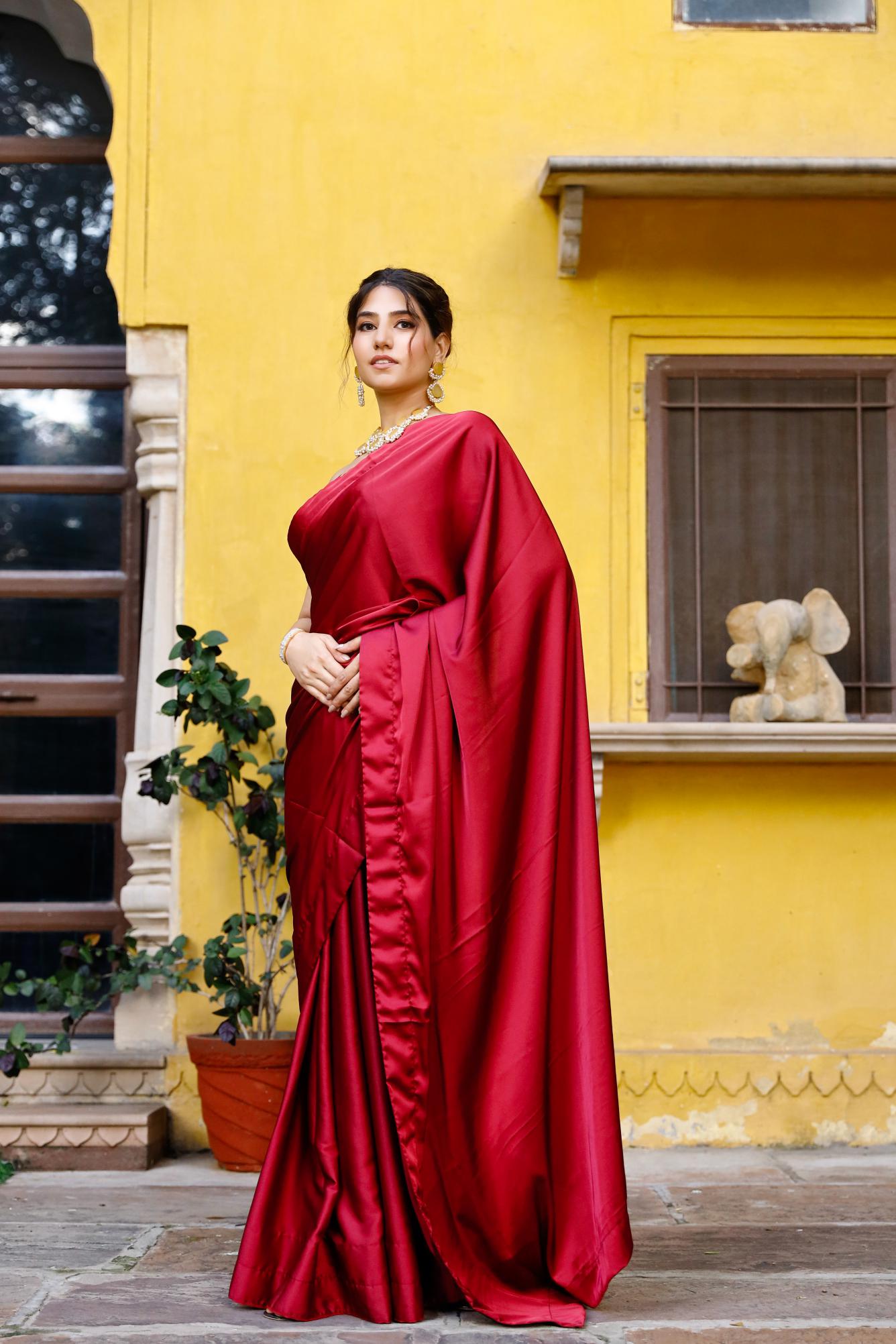 Dreamy Maroon Satin Silk Saree