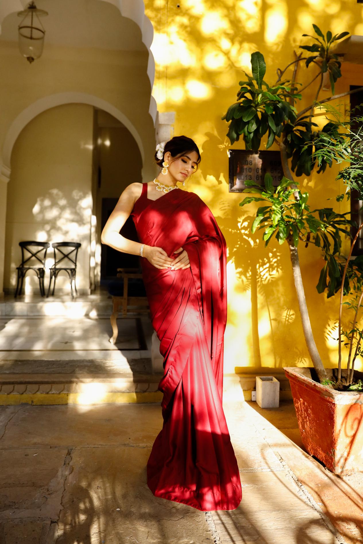 Dreamy Maroon Satin Silk Saree