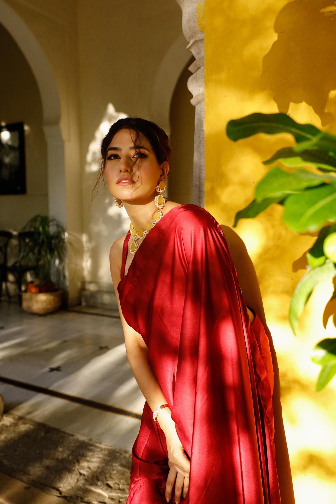 Dreamy Maroon Satin Silk Saree