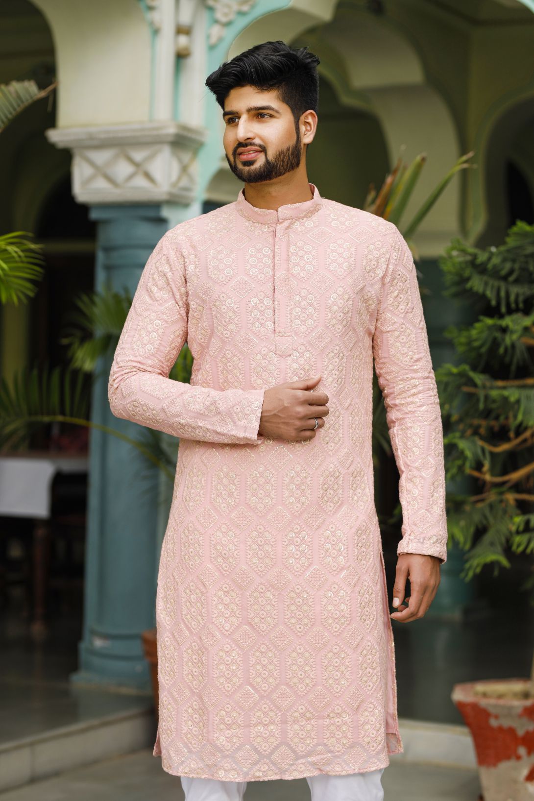 Sober Powder Peach Mens Kurta