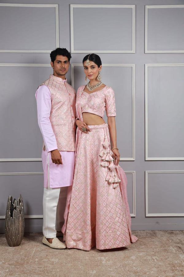 Butter Silk Pink Potition print embroidery couple set