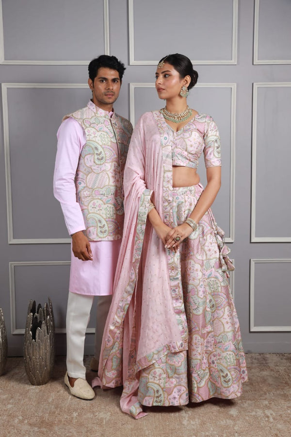 Butter Silk Pink Potition print embroidery couple set