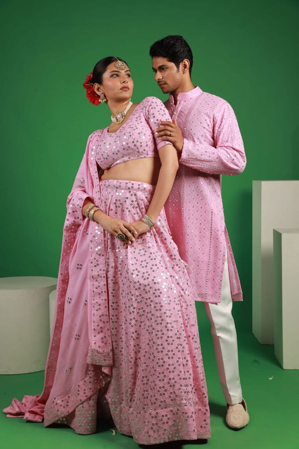 Pink Georgette Mirror Embroidery Couple Set