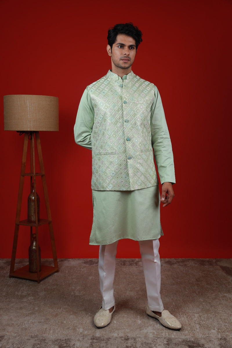 Pista Green Satin Silk Multi Embroidery Jacket Set