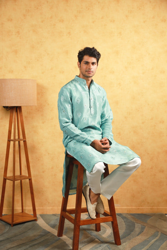Ocean Sea green silk embroidery kurta set