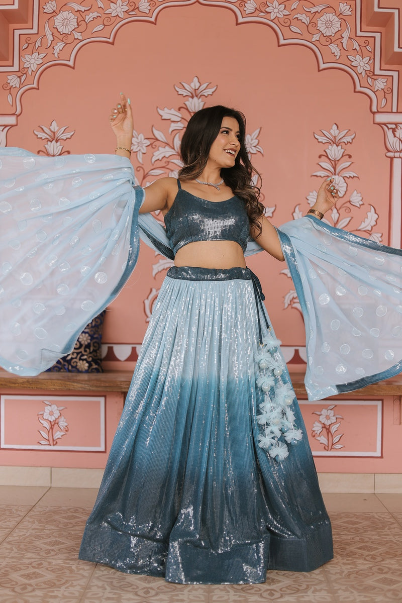 Ice Blue Lehenga With Pearl And Silver Kalli Work - Nivedita Pret & Couture