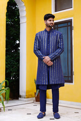 Deep Blue Chikenkari Sherwani set with shoe