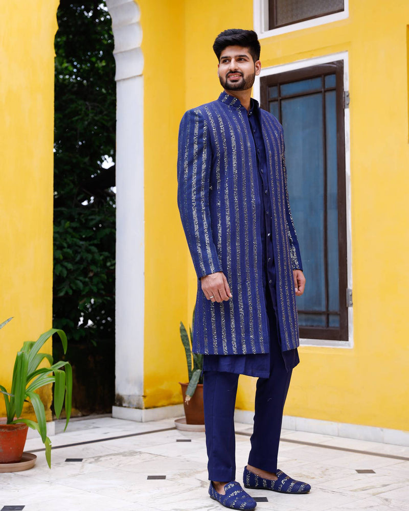 Deep Blue Chikenkari Sherwani set with shoe