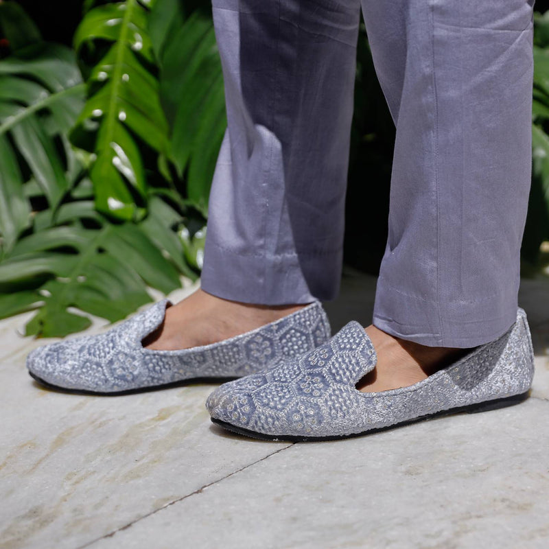 pastel grey Chikenkari Sherwani with shoe