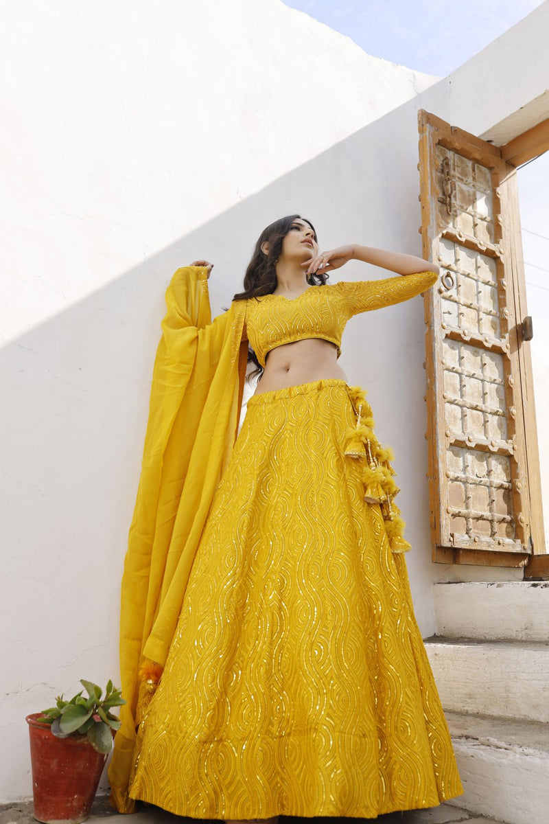 Buy Mustard Floral Embroidered Beautiful Lehenga Set Online in USA – Pure  Elegance